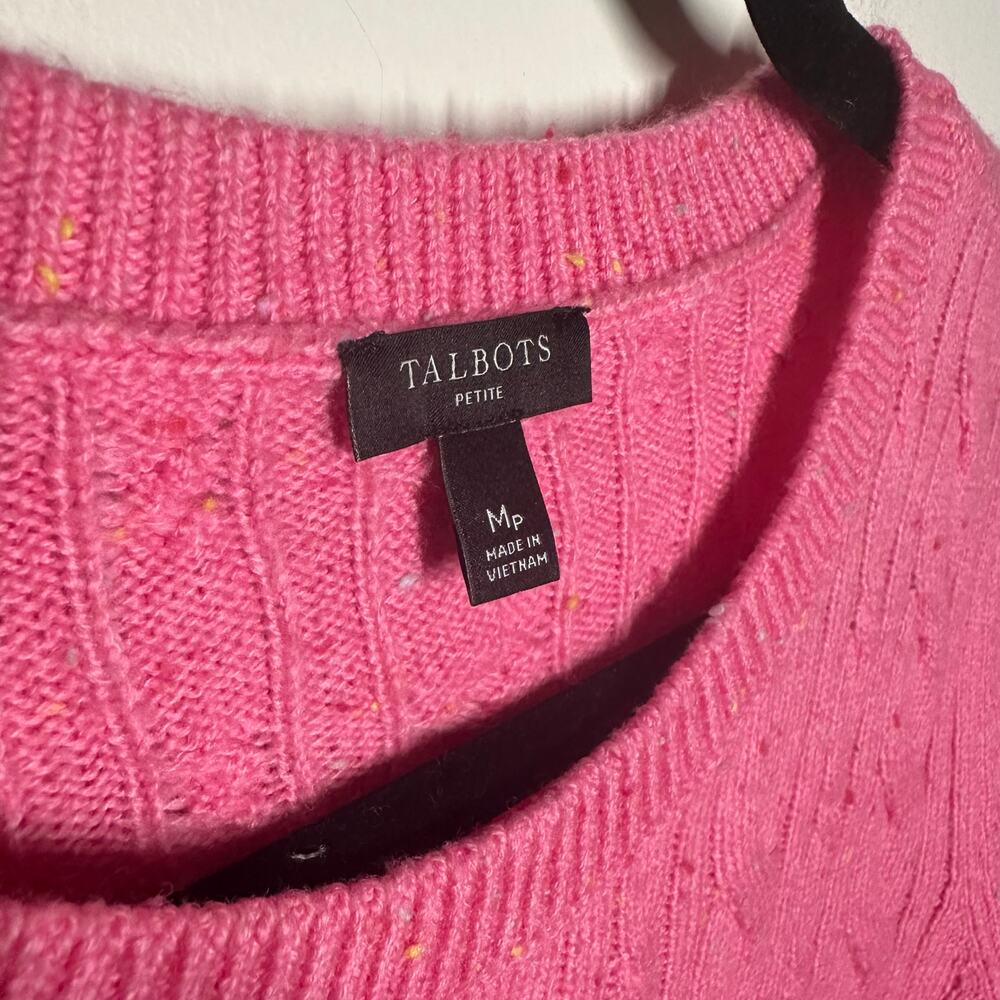 Talbots Womens Pink Confetti Cable Knit Button Sleeve Sweater Size Medium Petite - Picture 2 of 8